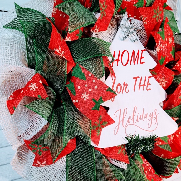 HAND CRAFTED BURLAP RIBBON "HOME FOR THE HOLIDAYS" SIGN CHRISTMAS WREATH 22" - Picture 5 of 7